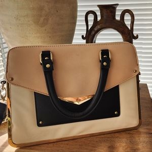 Faux leather boxy neutral tone minimalist briefcase style purse with body strap